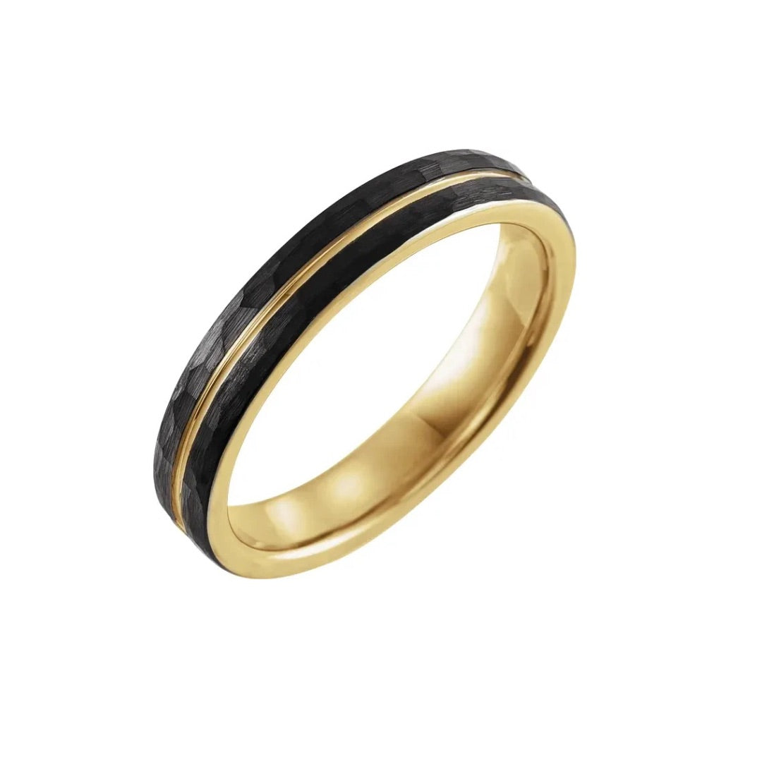 18K Yellow Gold PVD Hammered Center Grooved Black PVD Tungsten Band