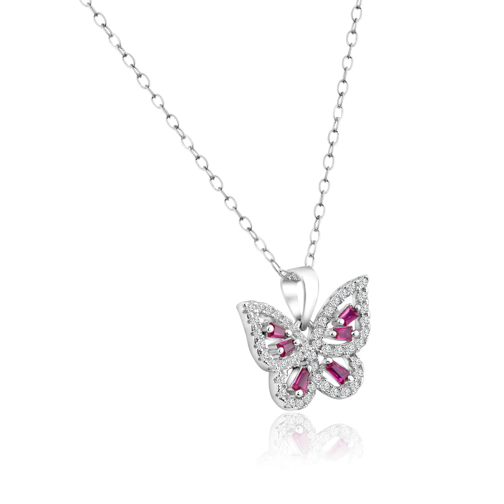 Rhodium Plated Red CZ Butterfly Necklace