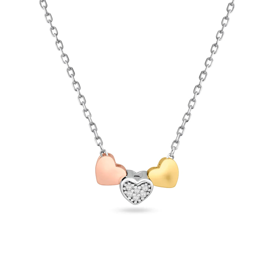 Sterling Silver 3 Toned Heart Charm Necklace
